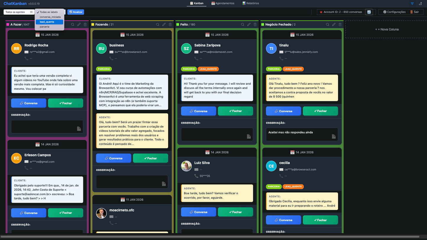 Kanban V3 Profissional para Chatwoot WebApp