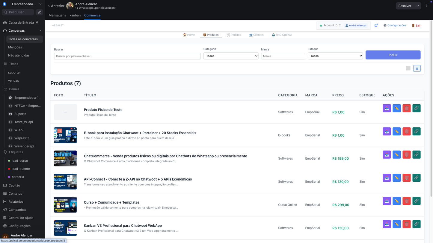 Chatwoot Commerce - Venda produtos físicos ou digitais por Chatbots de Whatsapp ou presencialmente